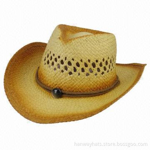New Style Paper Straw Brimmed Cowboy Hat with Leather Band
